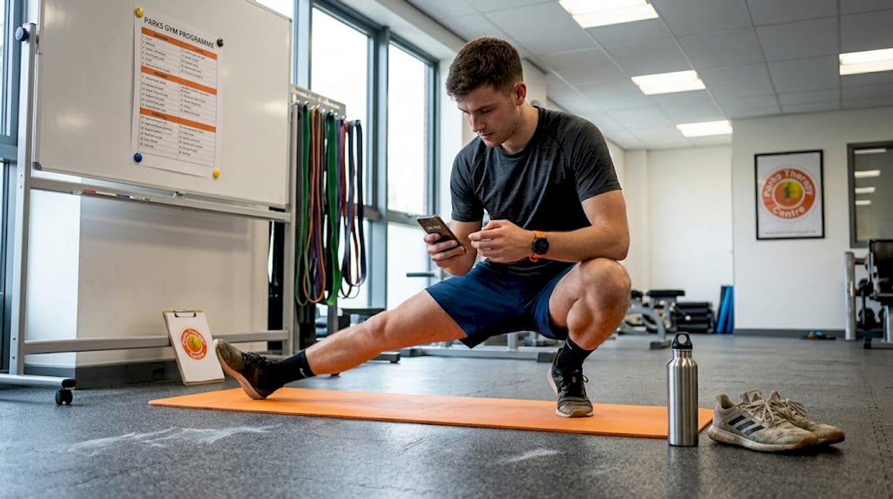 Athlete stretching groin on gym mat