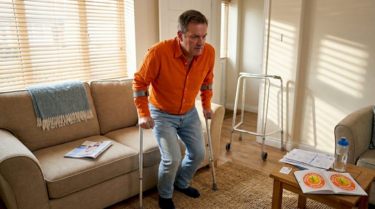 Man using crutches in home recovery setting