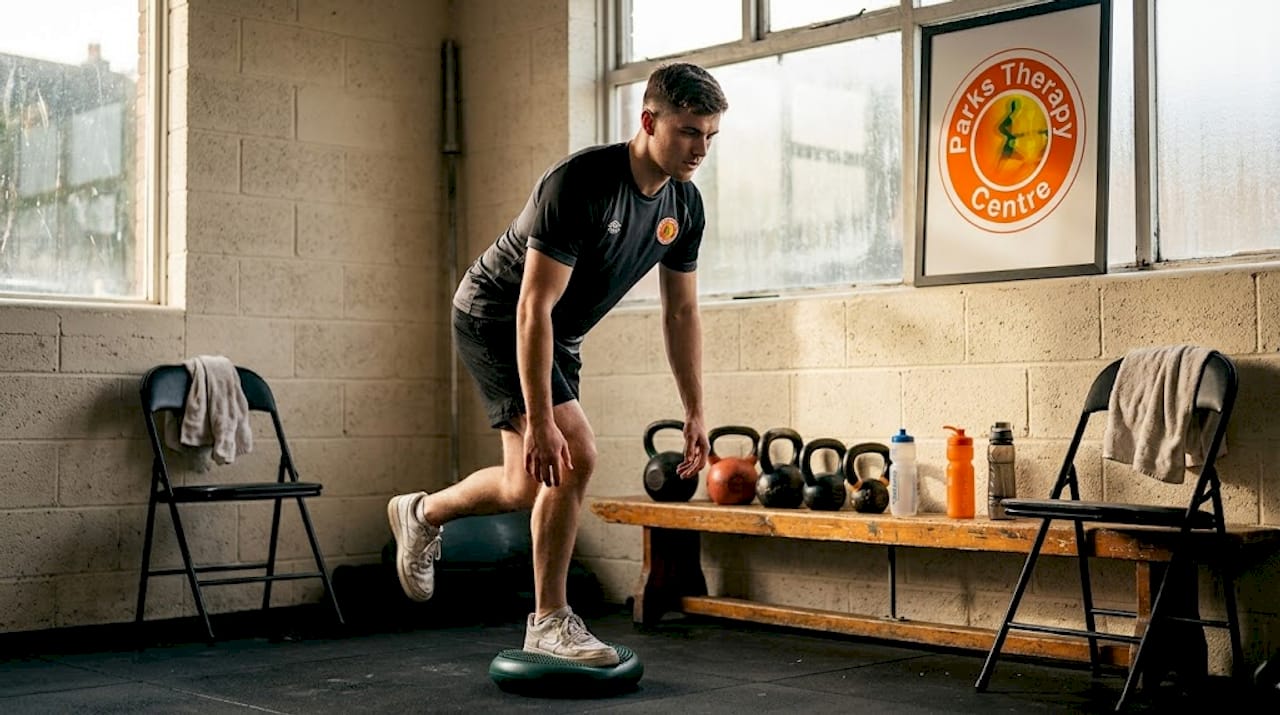 Athlete warming up ankle in gym