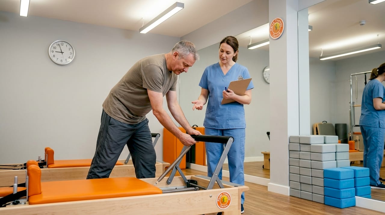 Patient and instructor in clinical Pilates session