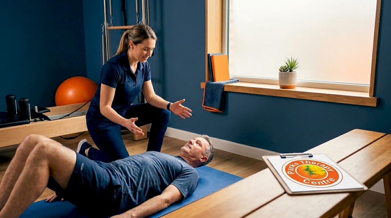 Physiotherapist guides client during Pilates session