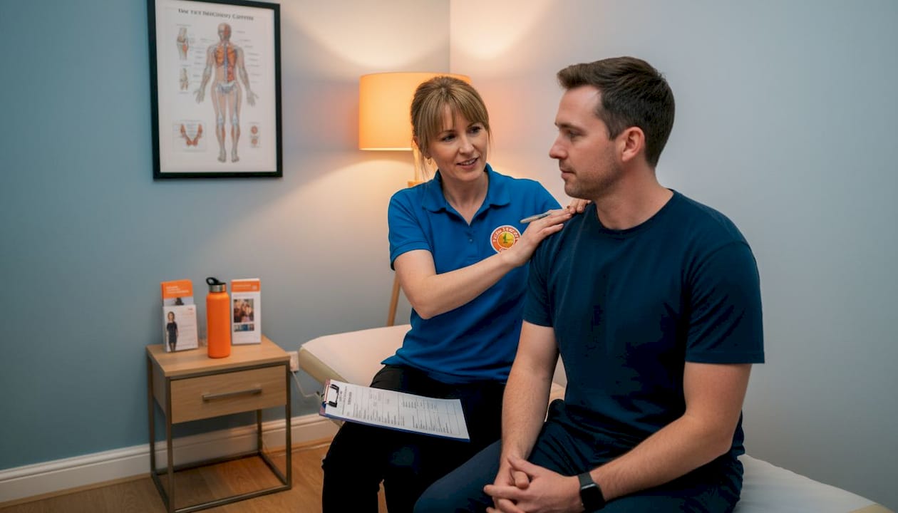 Therapist examining patient shoulder in clinic