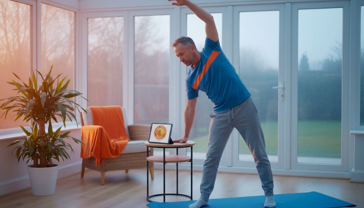 Man stretching with exercise guide at home