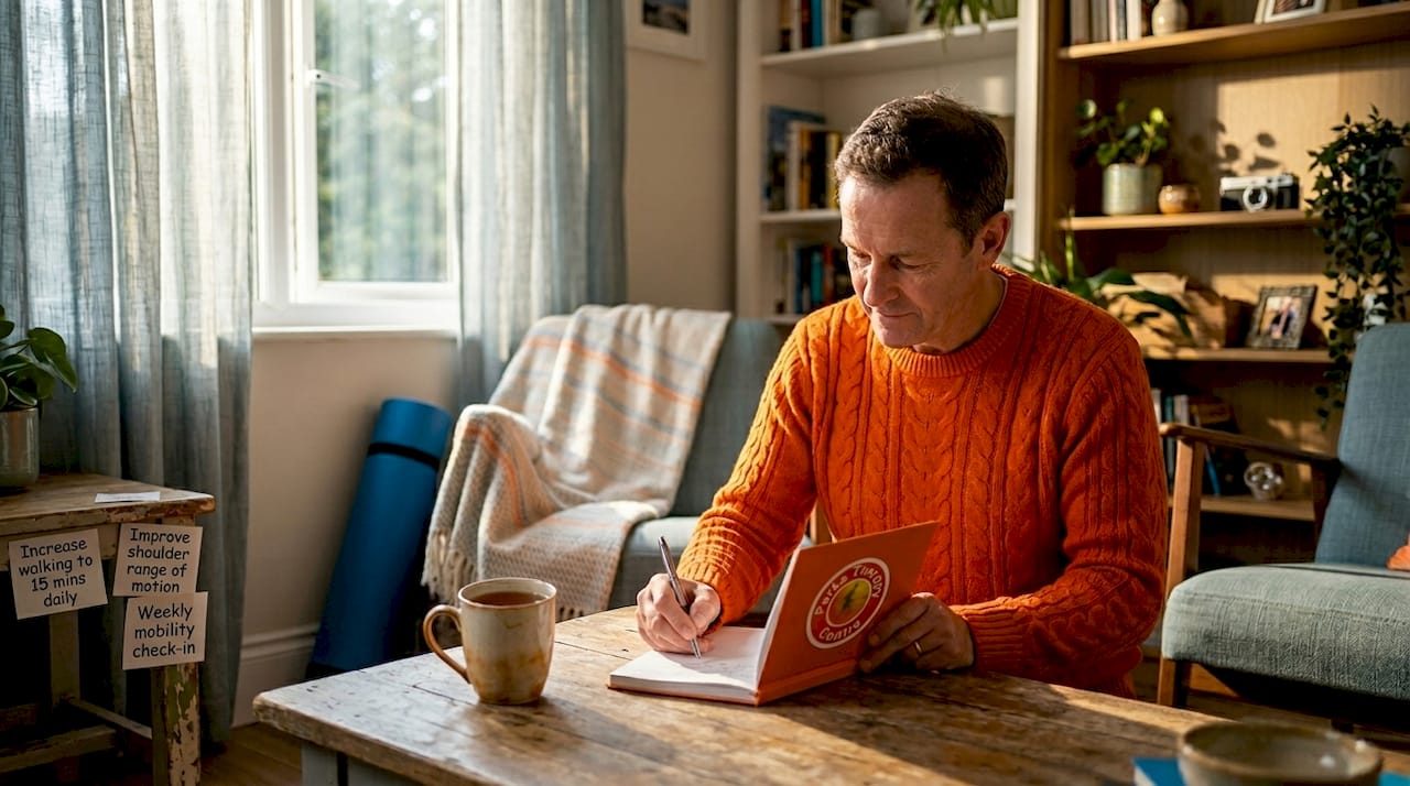 Man recording mobility progress with tablet and notes
