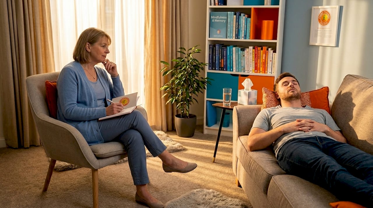 Counselling session in sunlit therapy room
