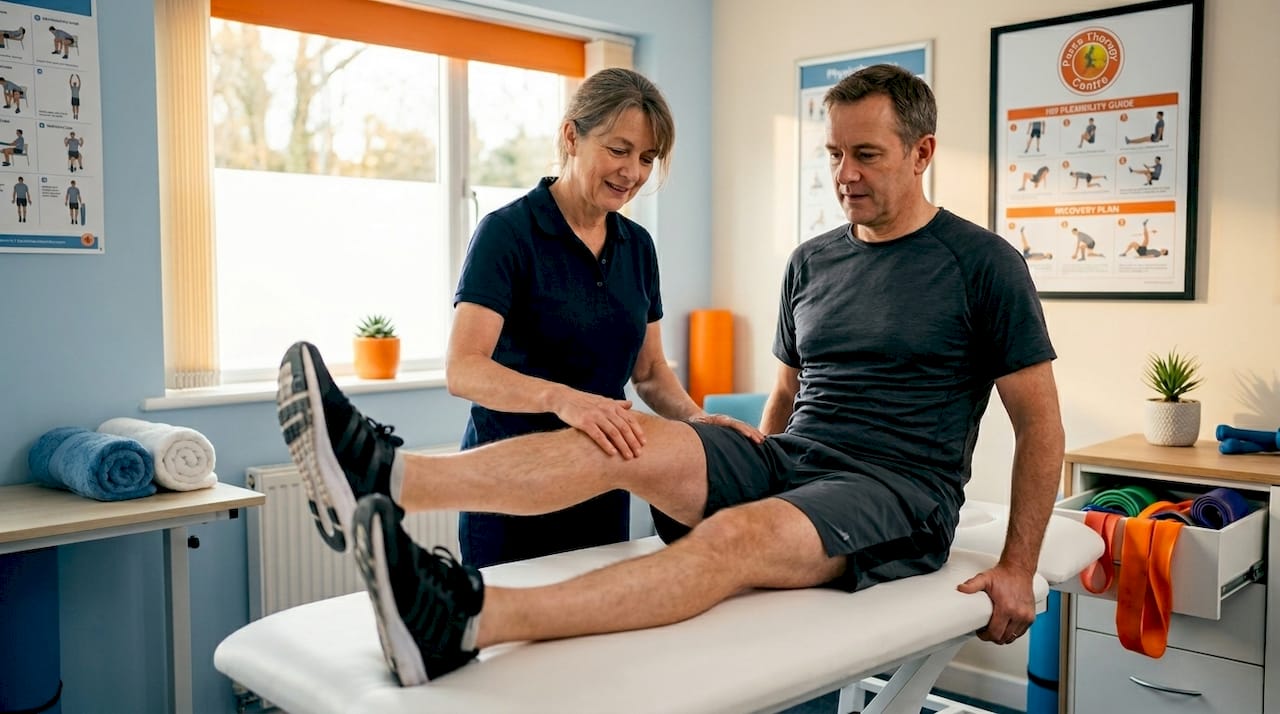 Physiotherapist guides hip mobility exercise