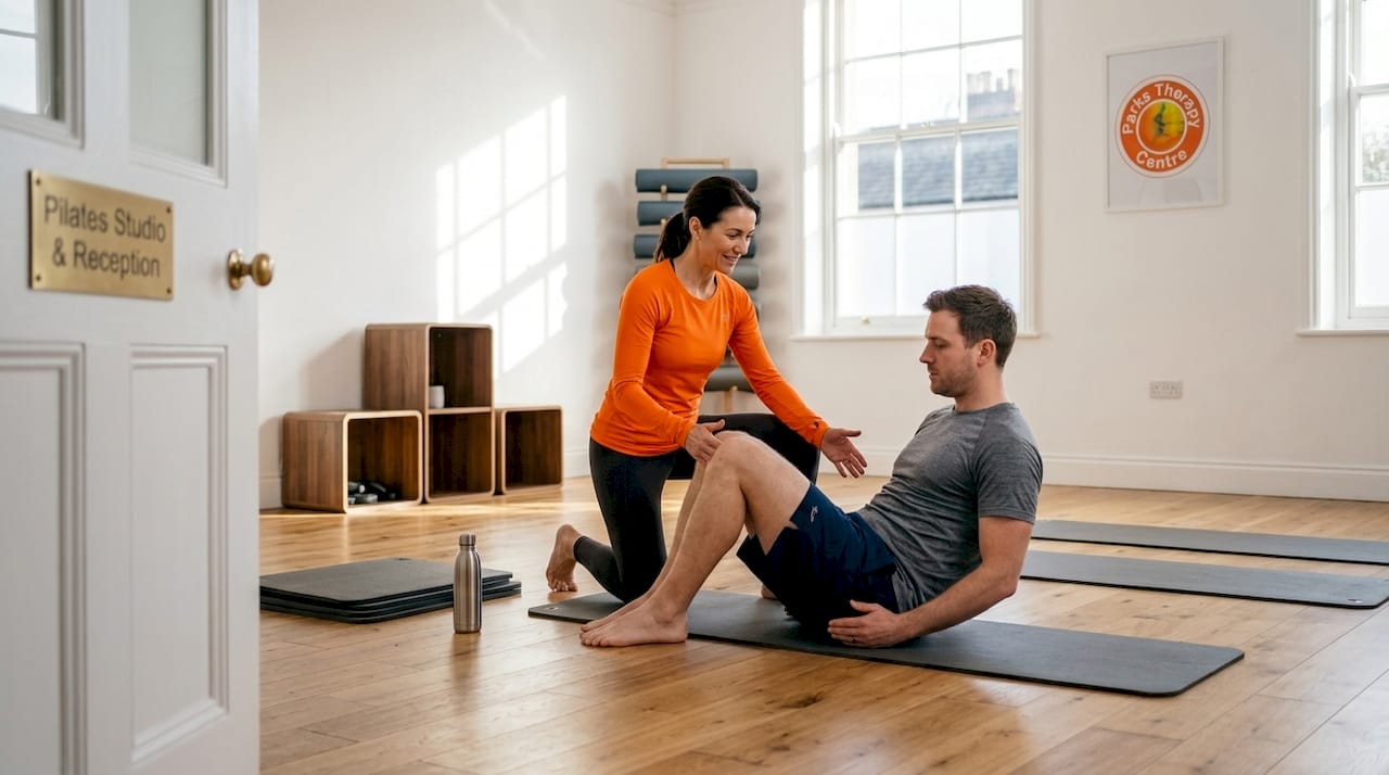 Pilates instructor guiding injury recovery exercise