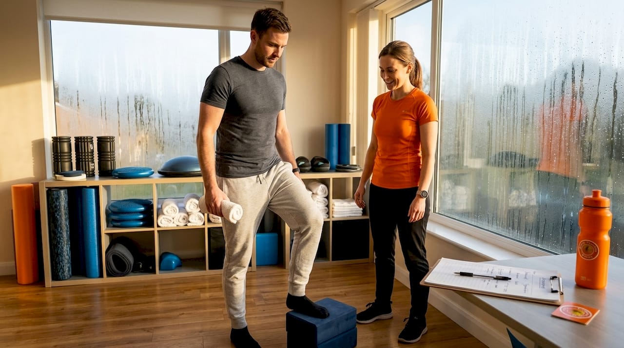 Patient practicing step exercise with therapist supervision