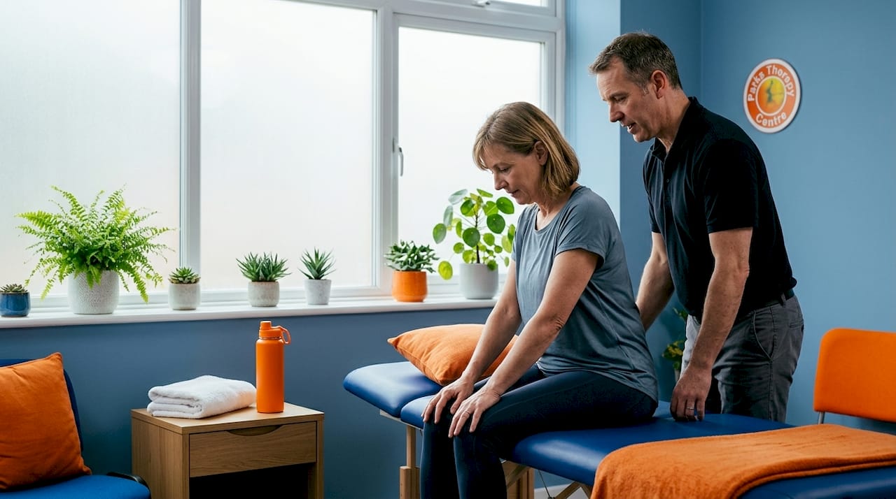 Physiotherapist assisting patient in clinic stretch
