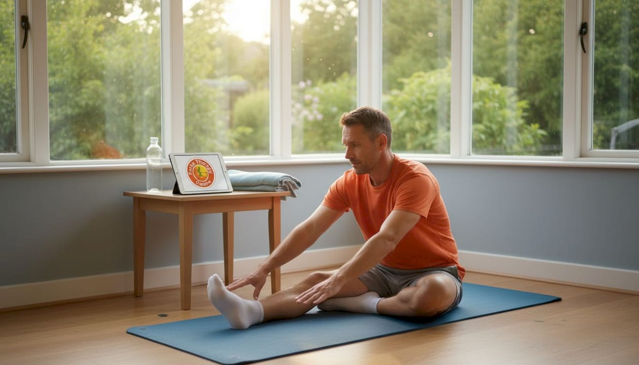 Man doing adductor stretches at home