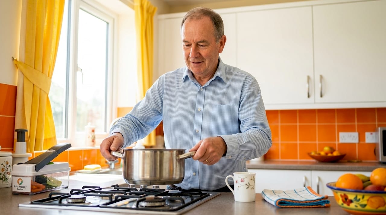 Man using two-handled pan in kitchen