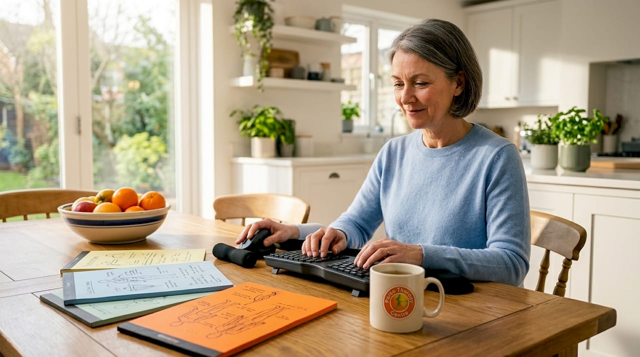 Woman using ergonomic home office setup