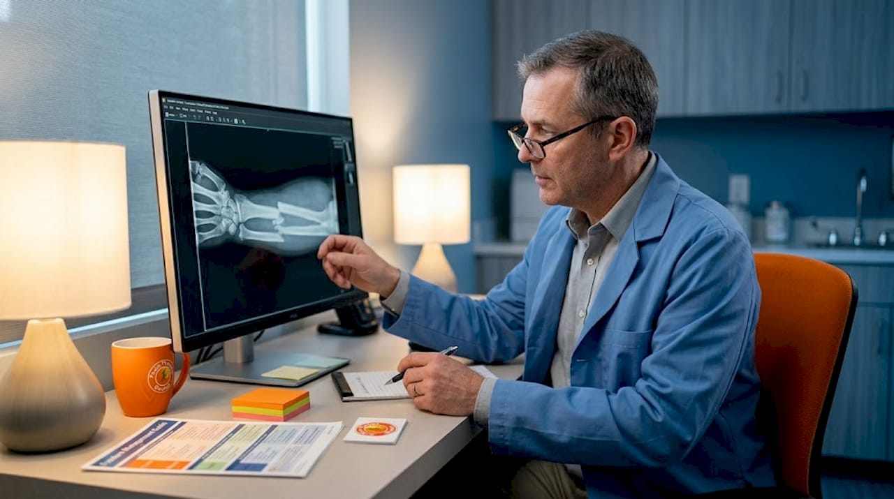 Radiologist reviewing forearm fracture x-ray