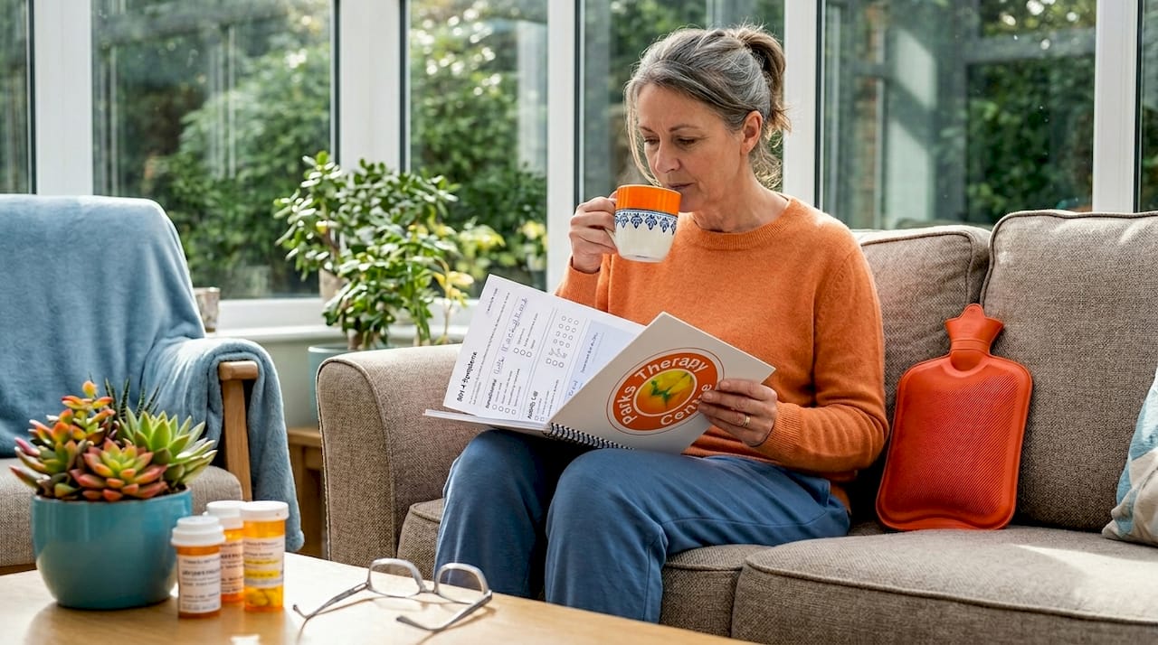 Woman journaling pain management at home