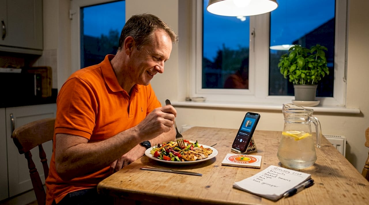 Man eating healthy meal in cozy kitchen