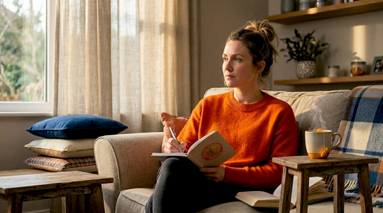 Woman journaling at kitchen table, laptop closed