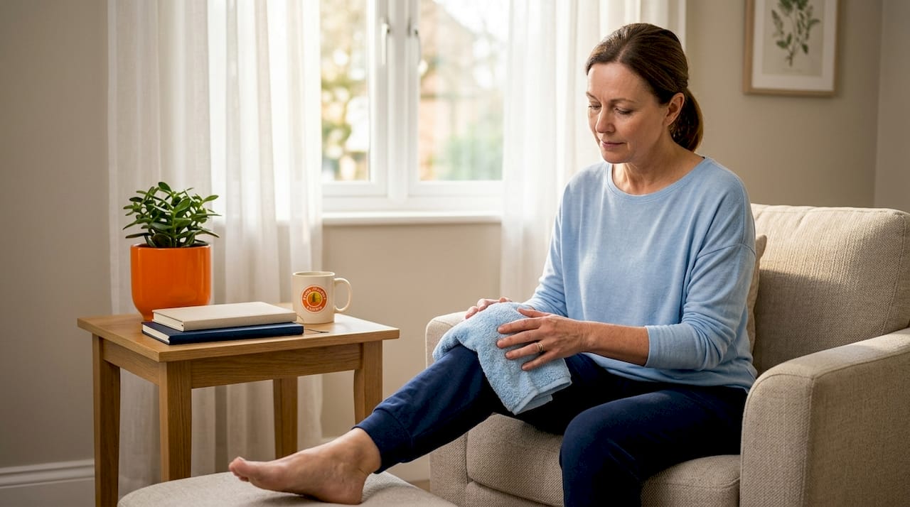 Woman applying ice pack to knee at home