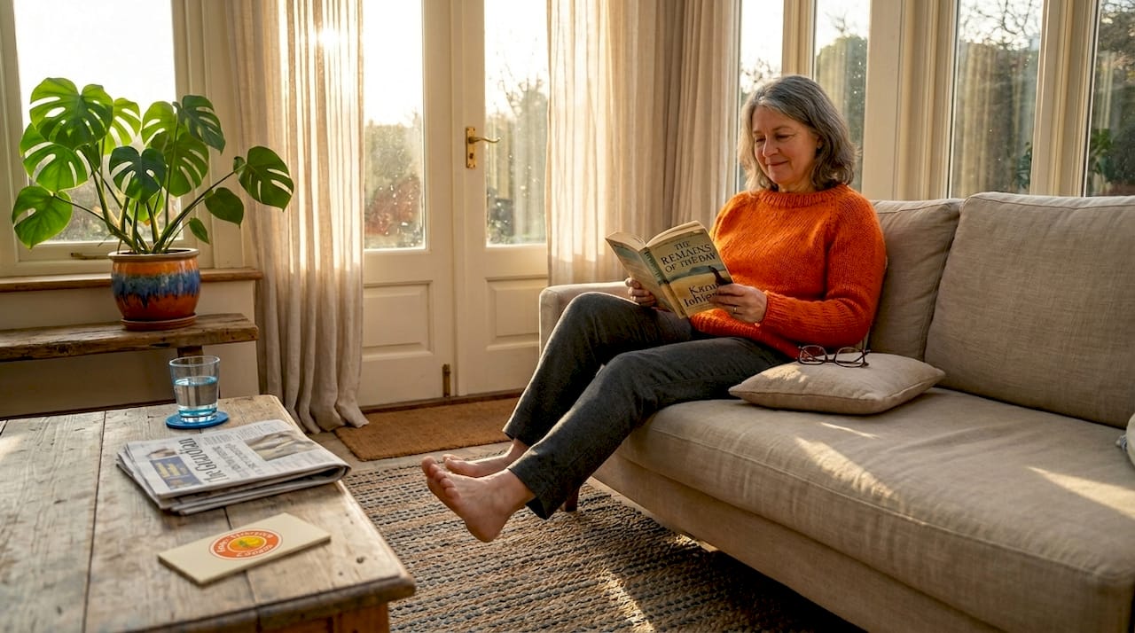 Woman flexes feet on couch for circulation