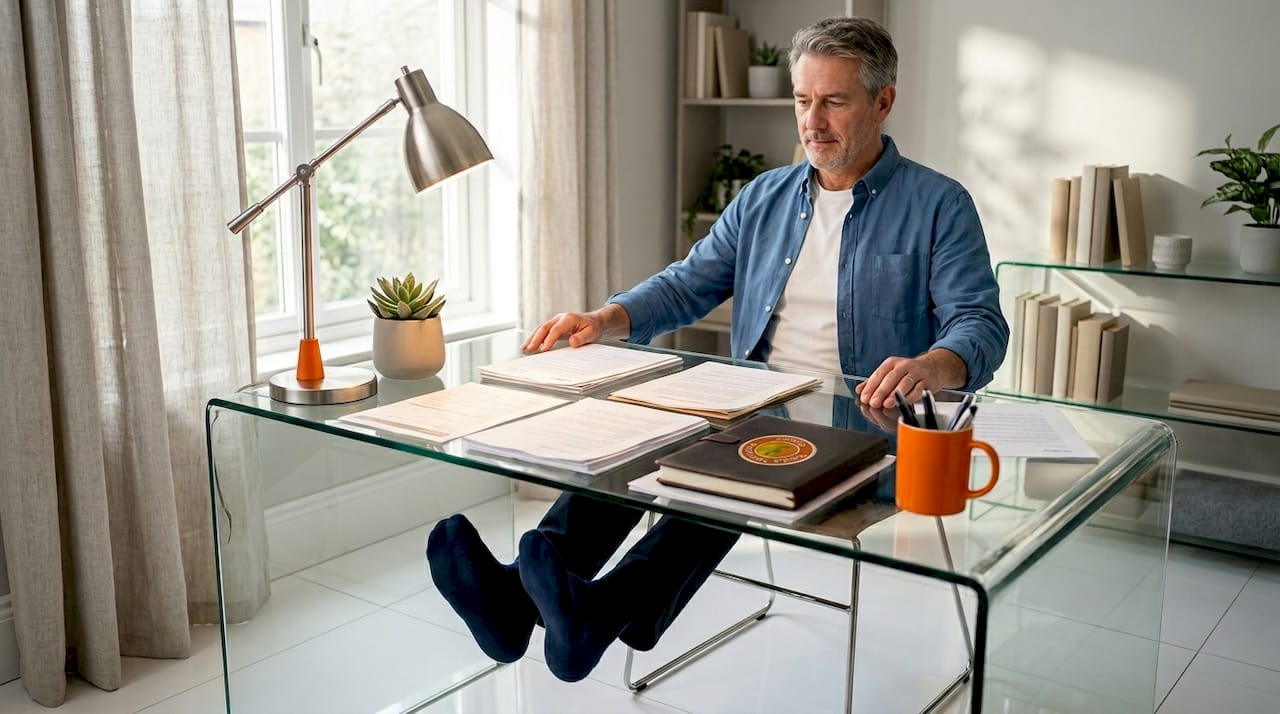 Man doing calf raises under desk