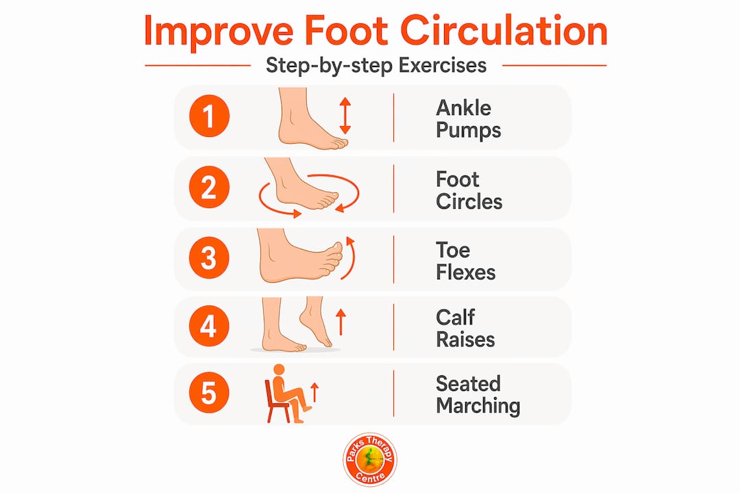 Infographic showing five step foot circulation exercises