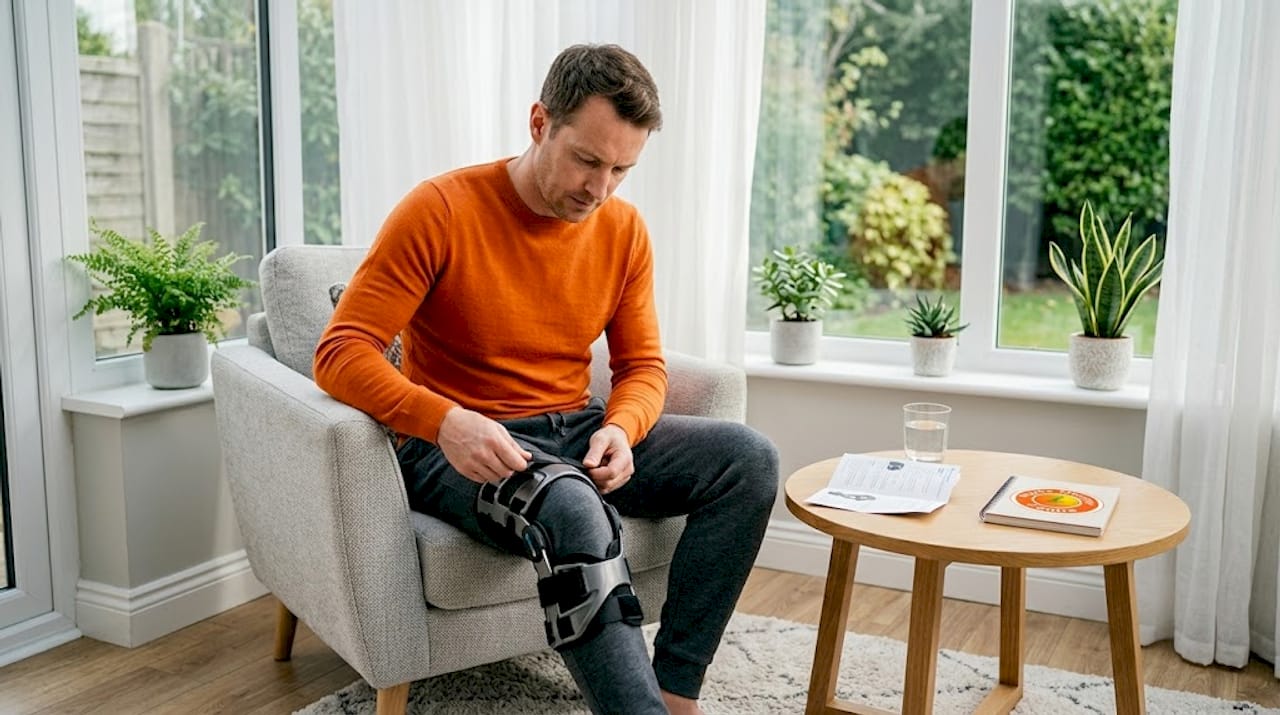 Man fitting Ossur knee brace at home