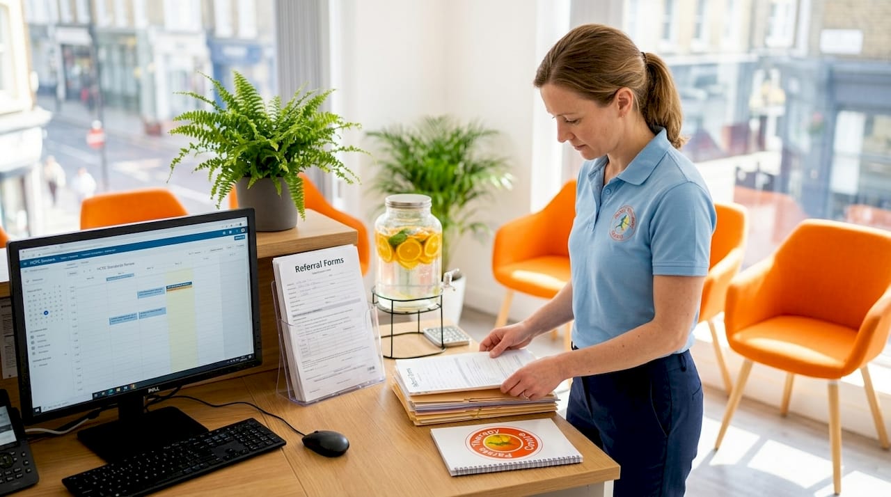 Physiotherapist reviewing clinic files at reception