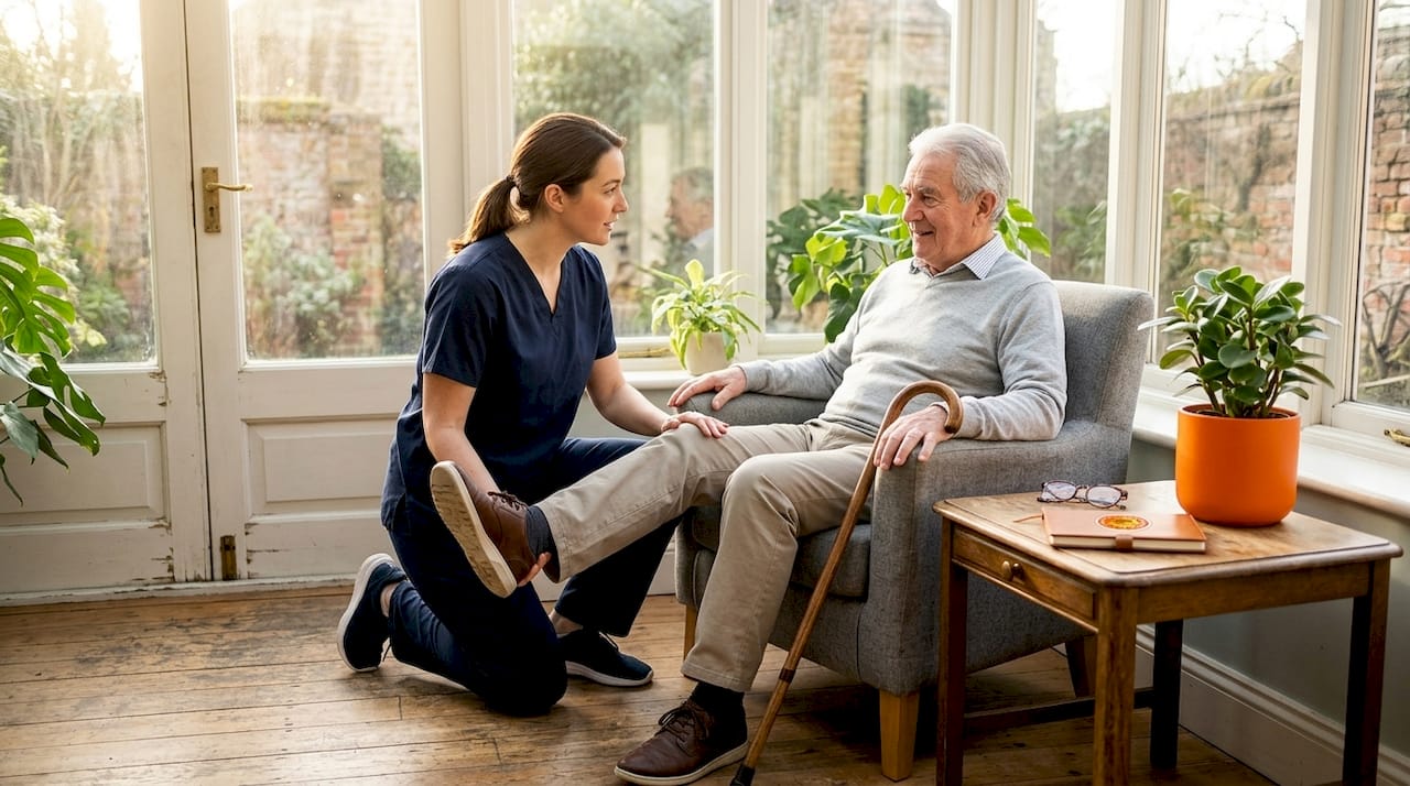 Physiotherapist guiding exercise during home visit