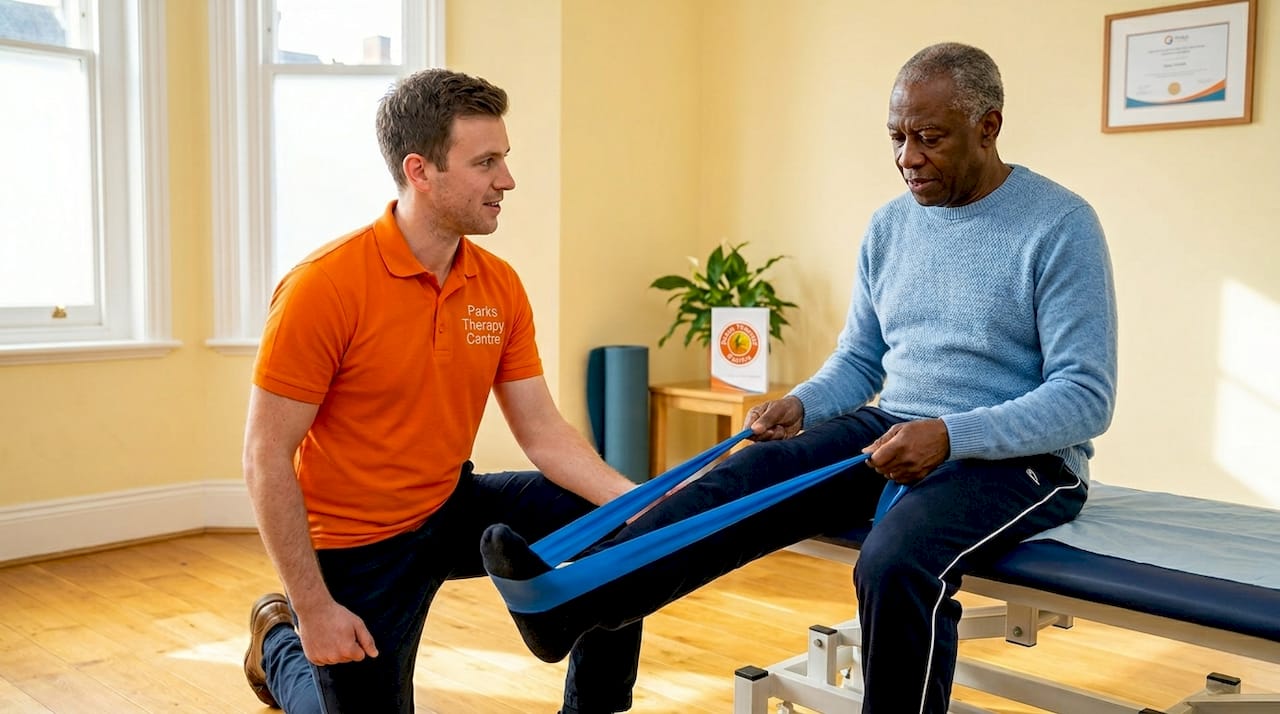 Senior man doing knee resistance exercise with therapist
