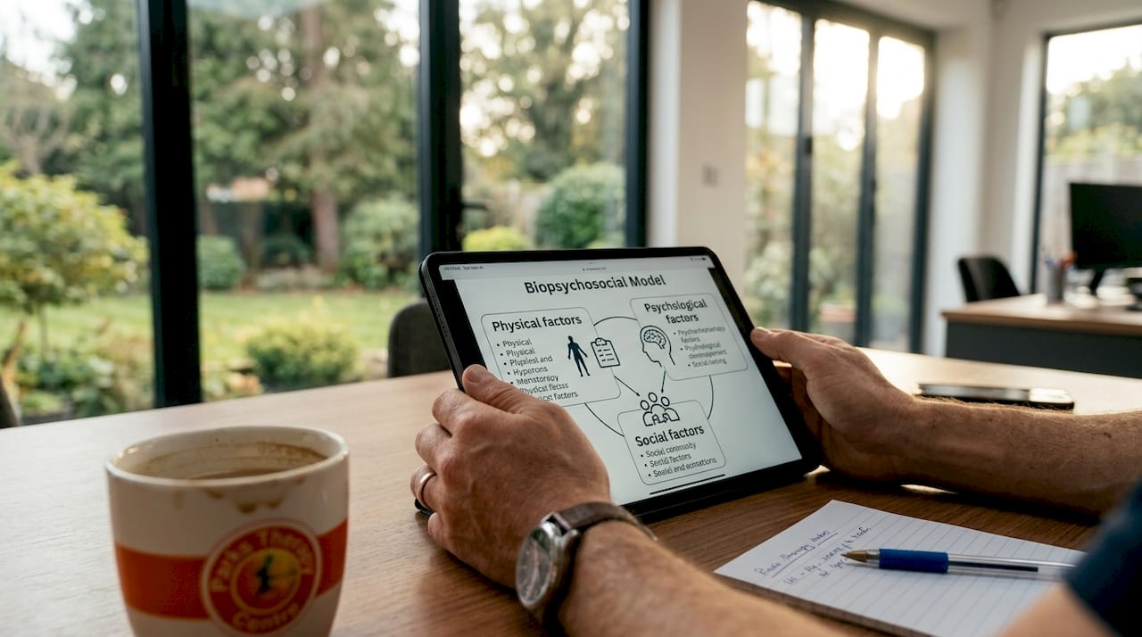 Physiotherapist reviewing biopsychosocial model diagram on tablet