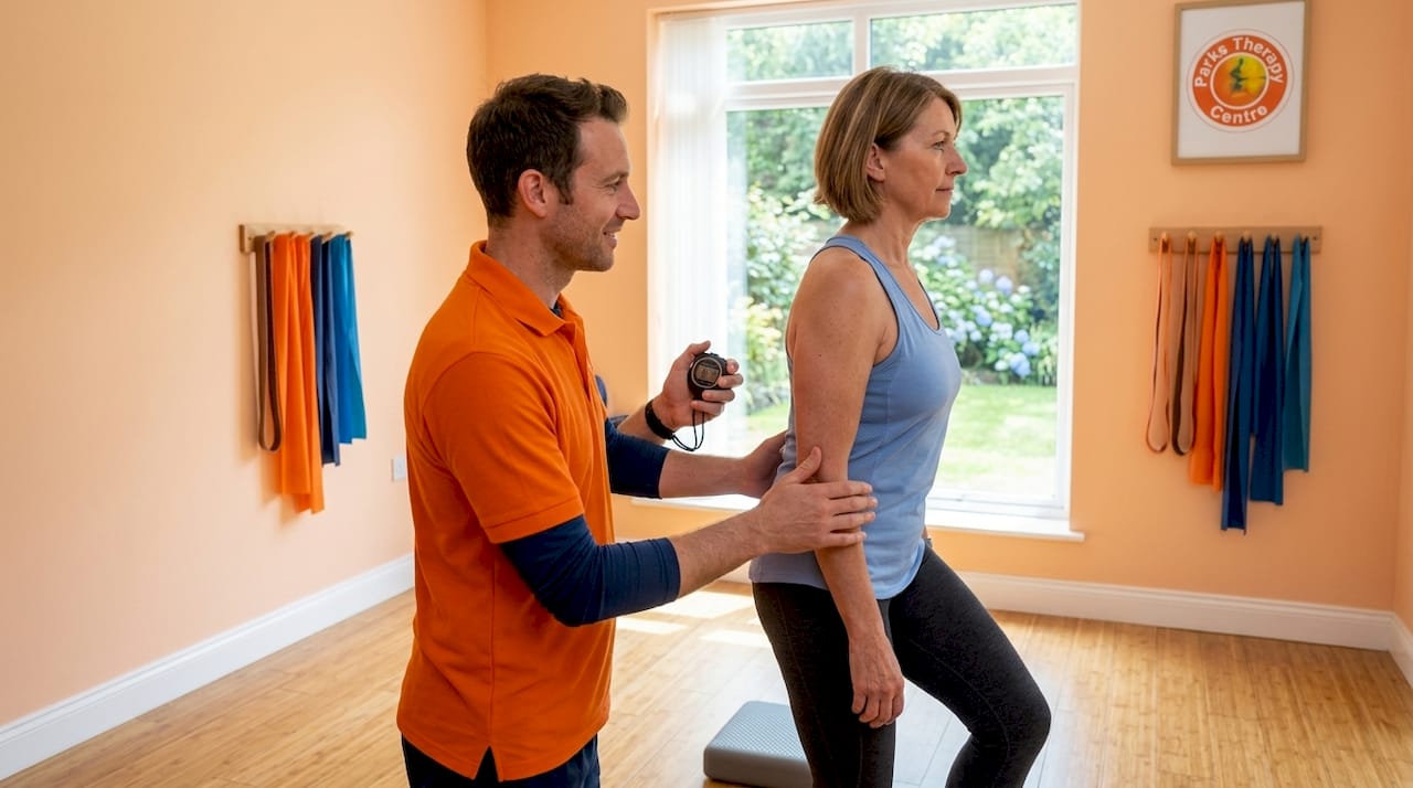 Physical therapist guiding graded movement exercise
