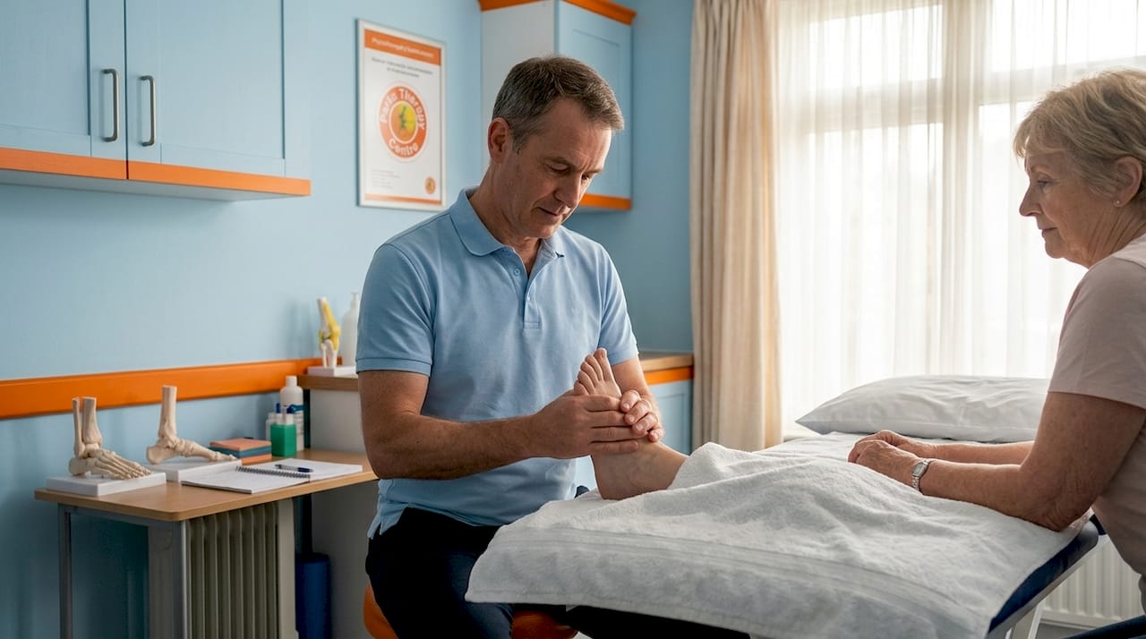 Physiotherapist performing foot therapy