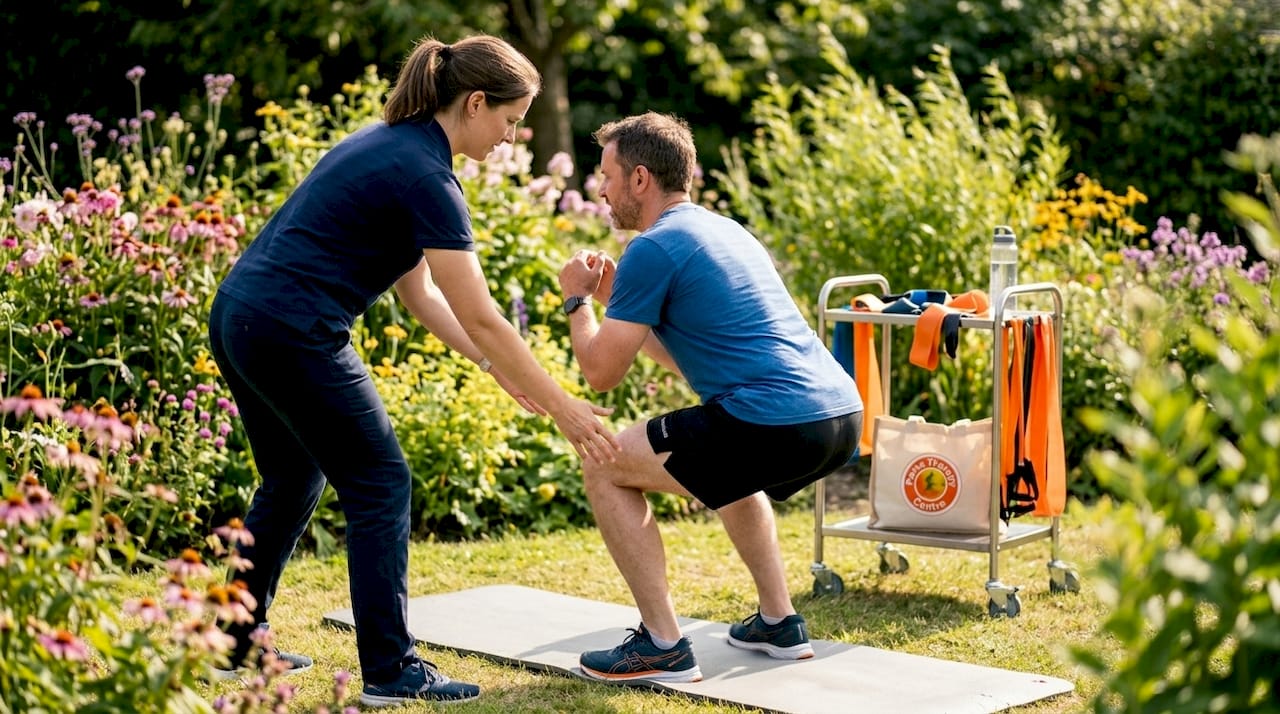 Therapist guiding knee movement in therapy session