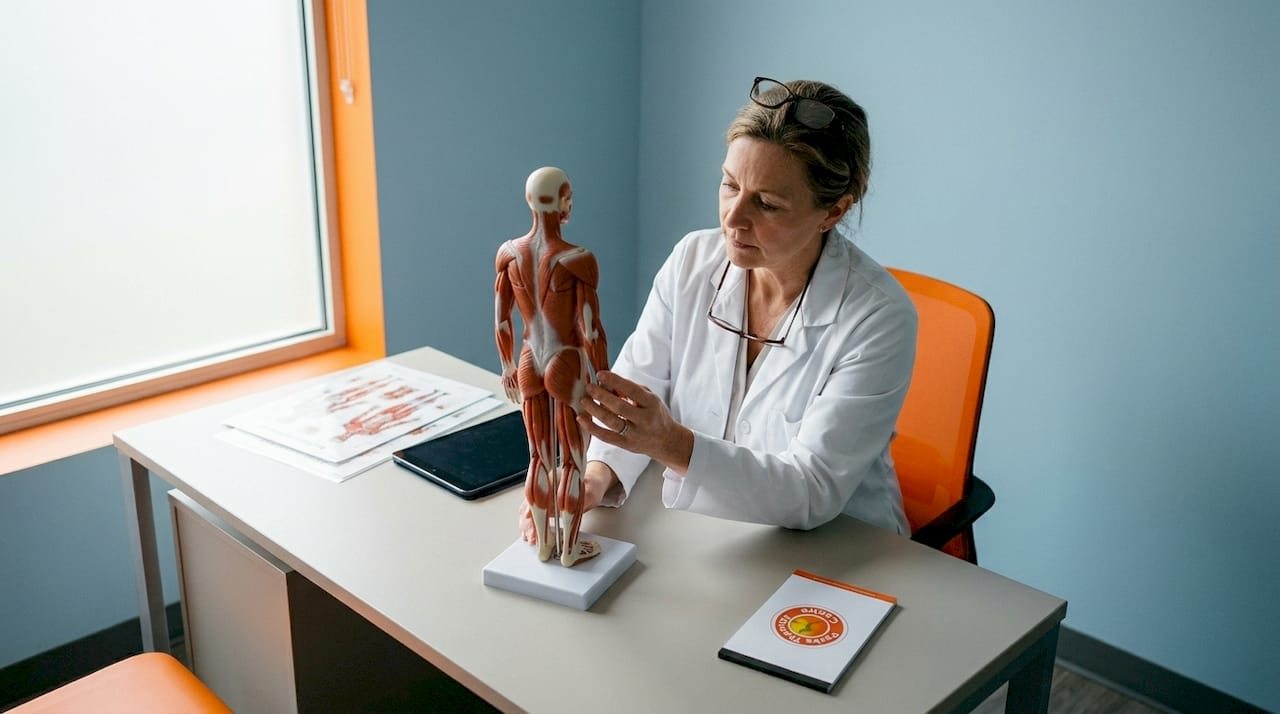 Orthopedic clinician with anatomical model in exam room