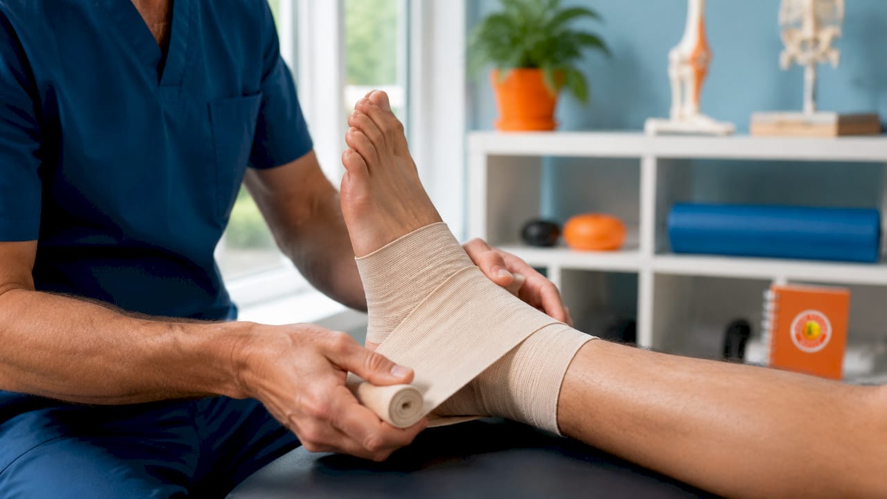 Therapist wrapping ankle in elastic bandage