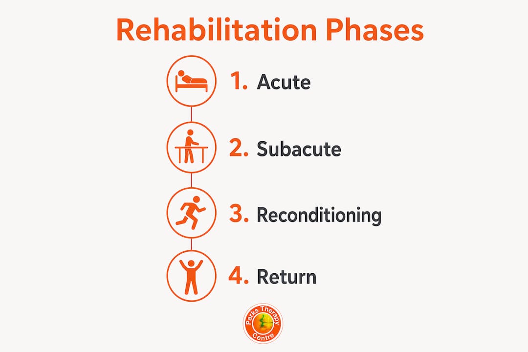 Infographic illustrating four rehab phases of ankle sprain