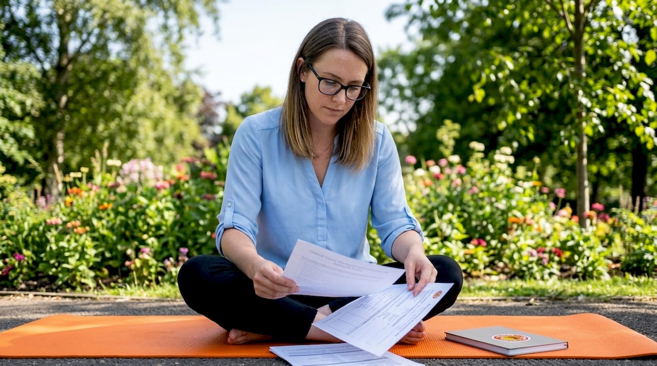 Therapist reviewing injury management documents at desk