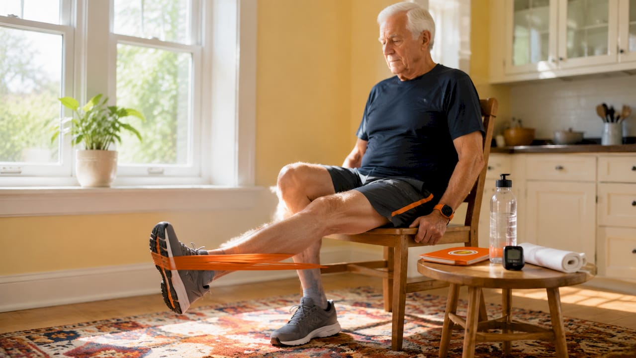 Senior man doing rehab exercise at home