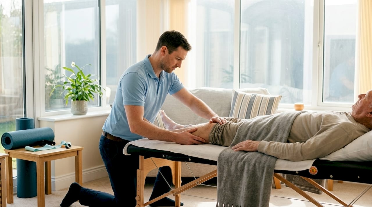 Therapist hands massaging patient's knee muscles