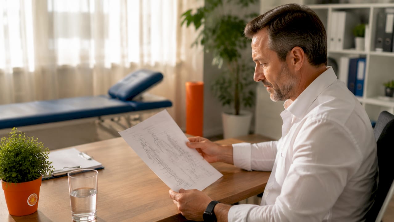 Physiotherapist reviewing rehabilitation protocol document