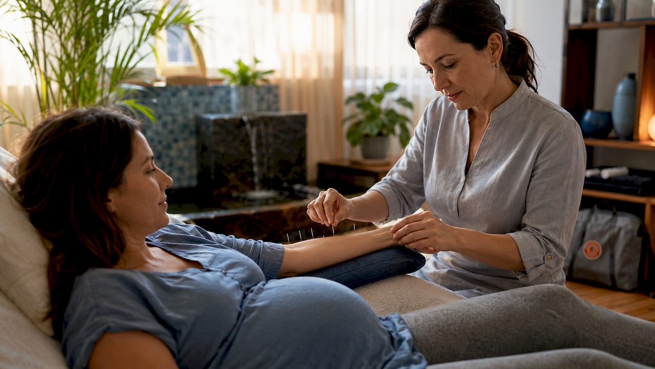 Pregnant woman receiving acupuncture treatment