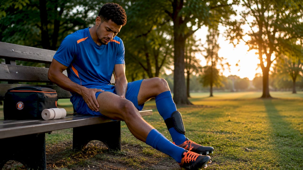 Soccer player assessing groin pain outdoors