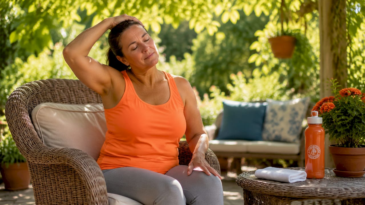 Woman doing gentle neck movement exercises at home