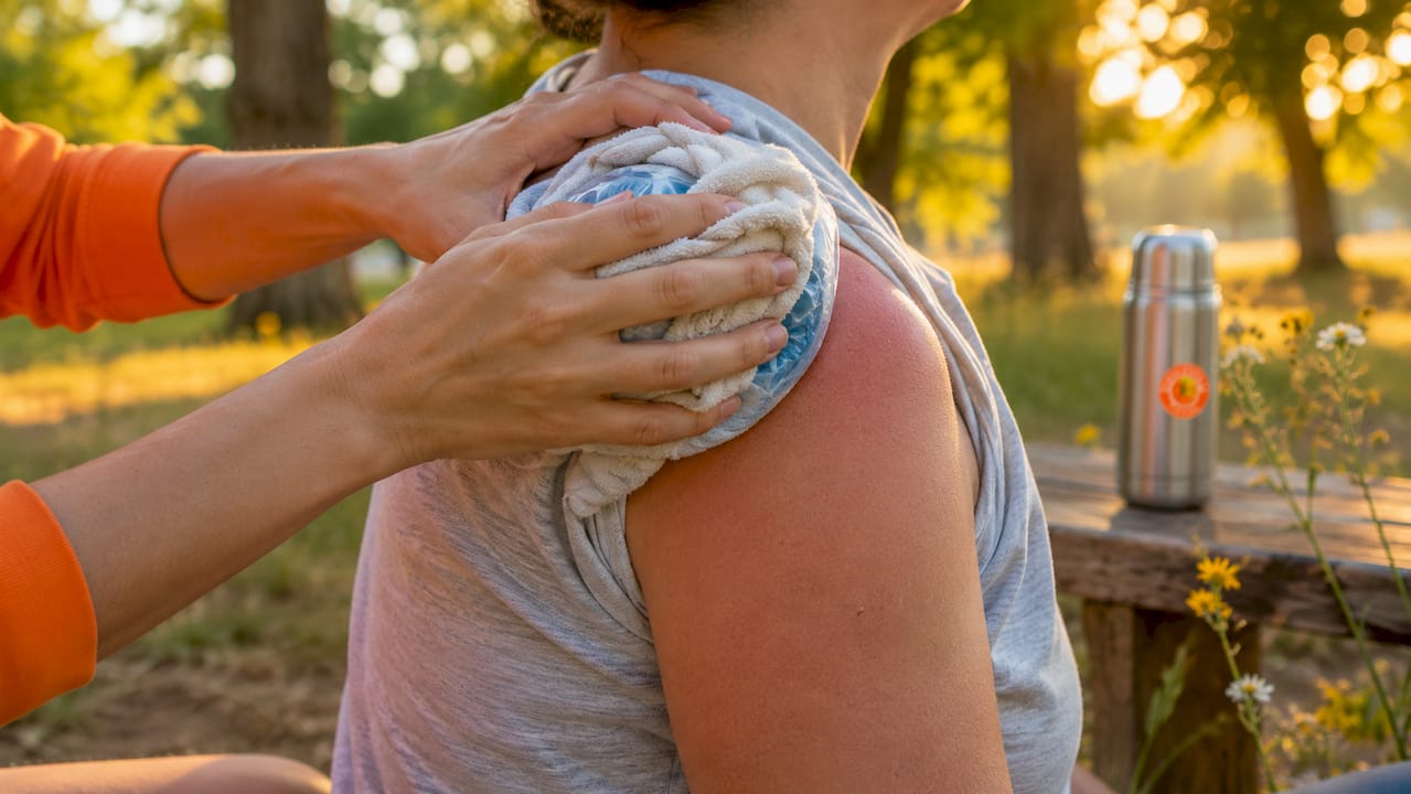 Hands applying ice pack to shoulder at home