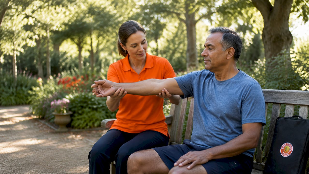 Physical therapist assisting patient with arm exercise