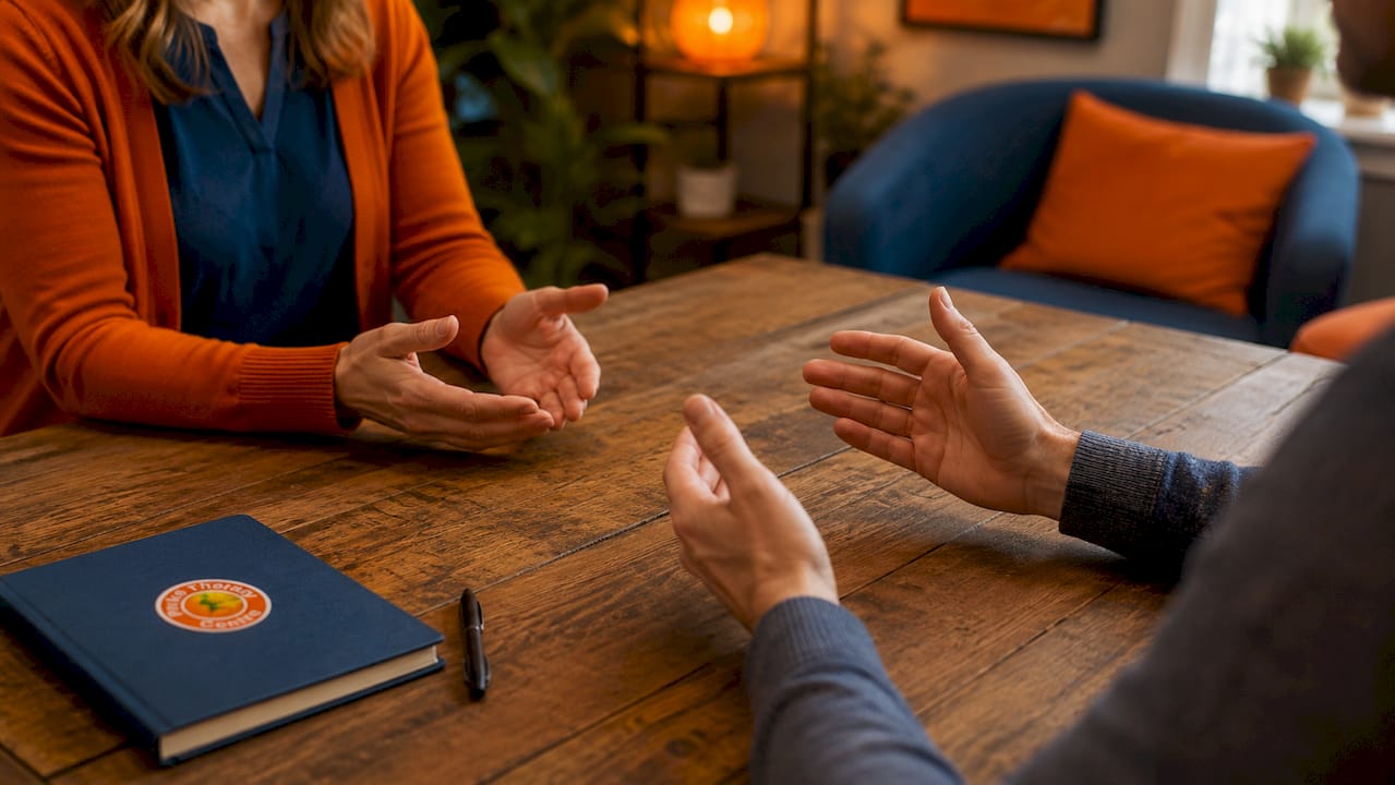 Close-up of hands showing non-directive therapy dialogue