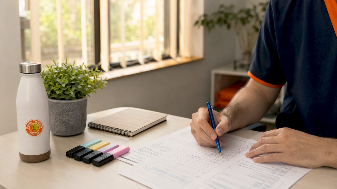 Hands completing physiotherapy assessment forms