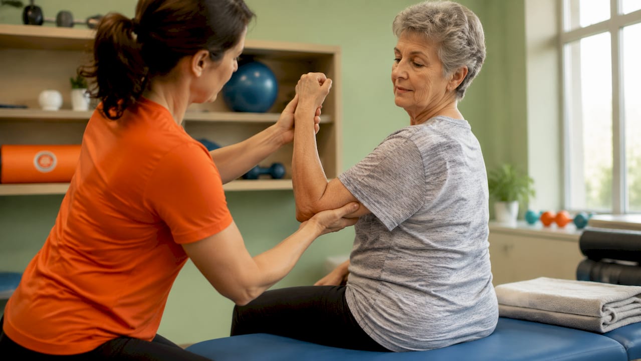 Physiotherapist hands guiding elbow exercise