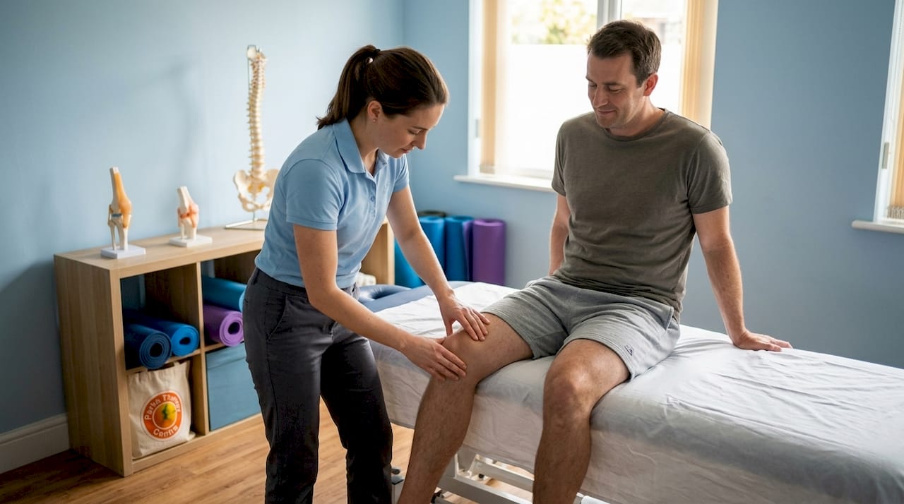 Physiotherapist examining patient's knee fat pad