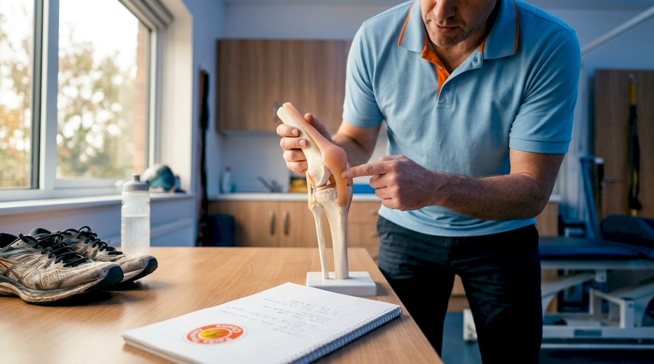 Athletic trainer showing knee hyperextension injury model