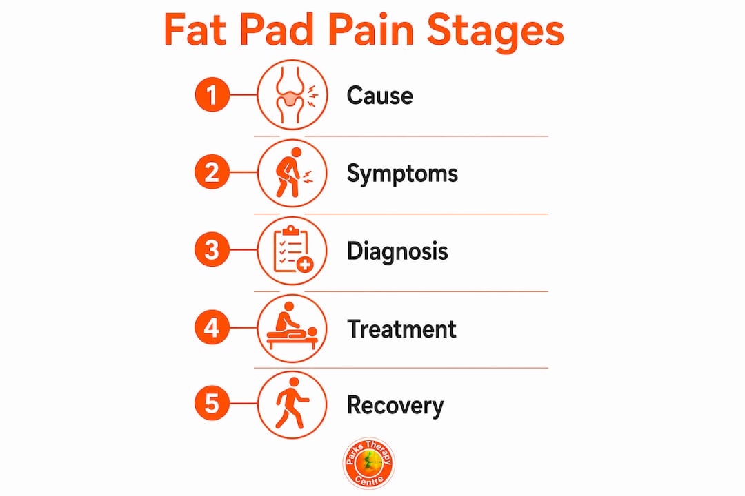 Infographic illustrating stages of knee fat pad pain